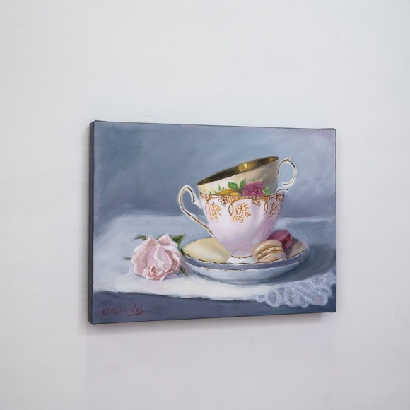 Oil painting still life "Two cups , macaroons and rose" 11" x 16" - Picture 4 of 5